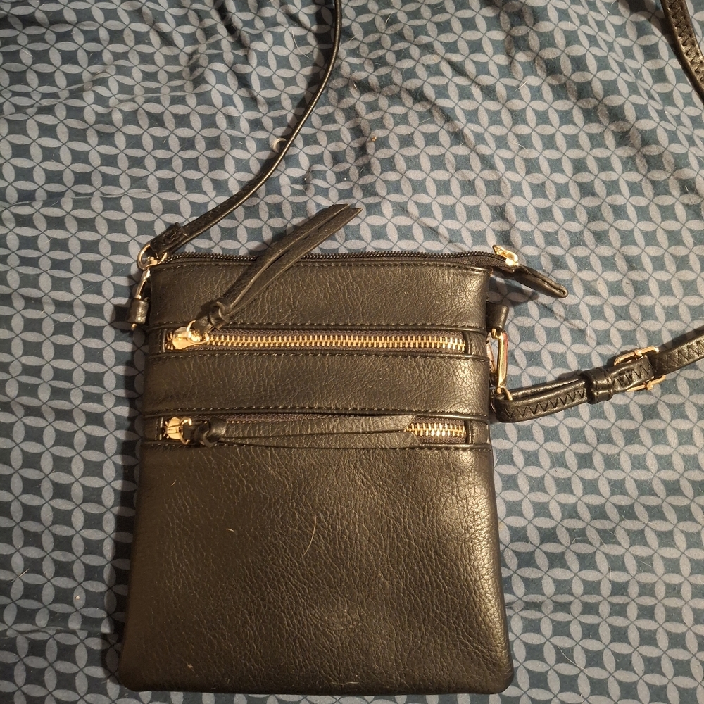 Black Crossbody Pleather Bag with Gold Hardware